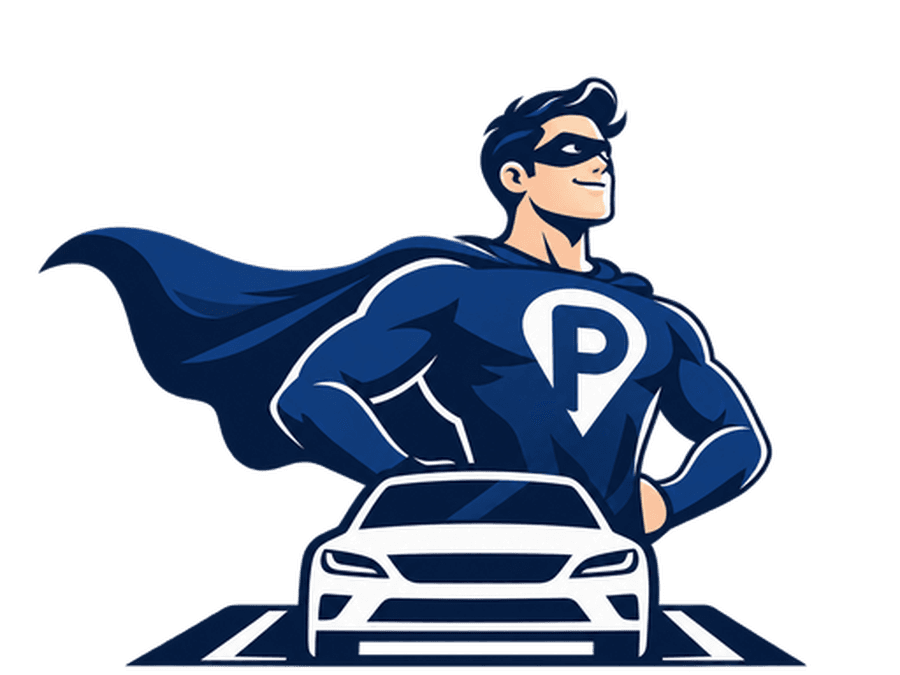 Parkman, a caped parking hero standing behind a parked car